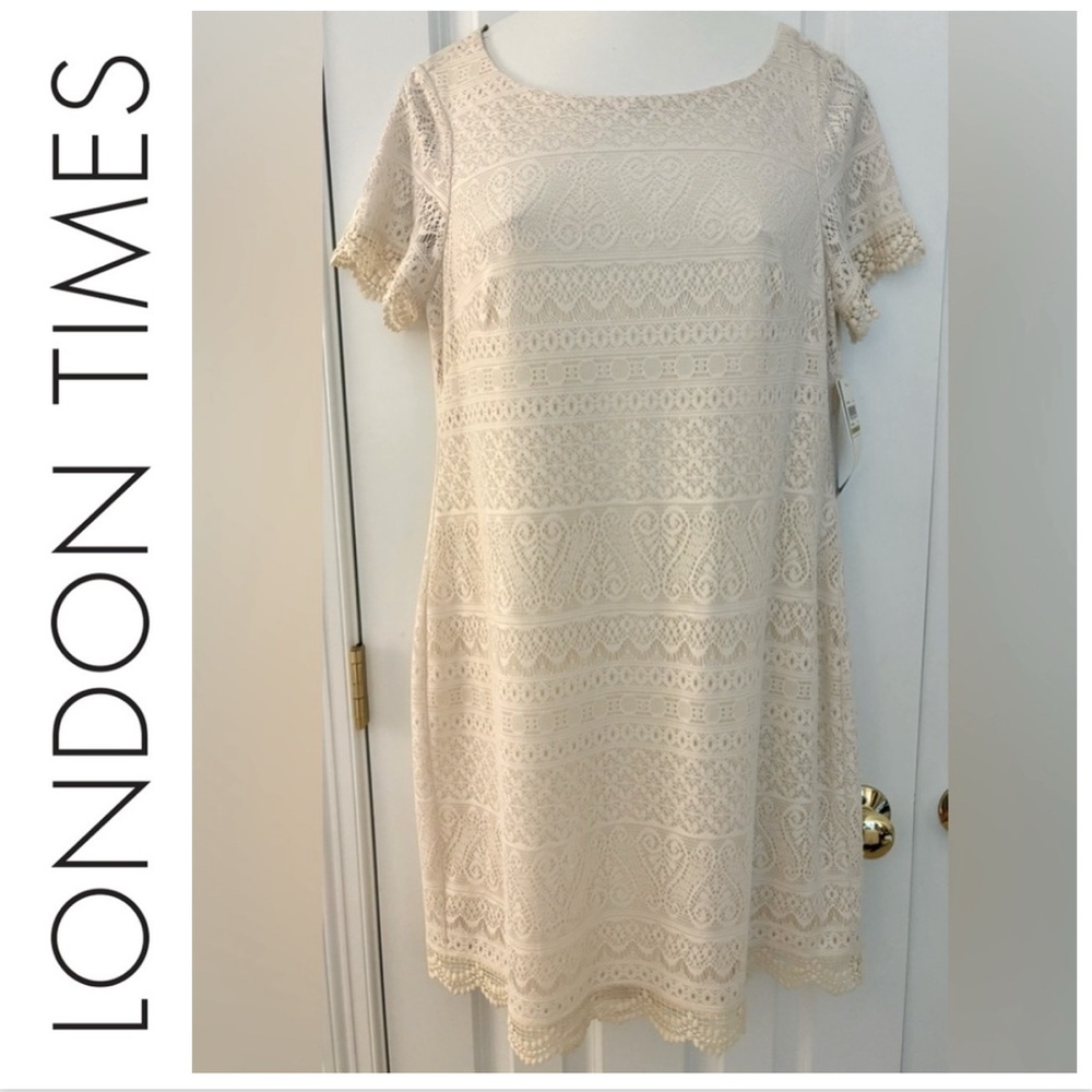 London Times Dress Shift cream boat neck lace scallop crochet trim lined 14 NWT - Picture 3 of 6